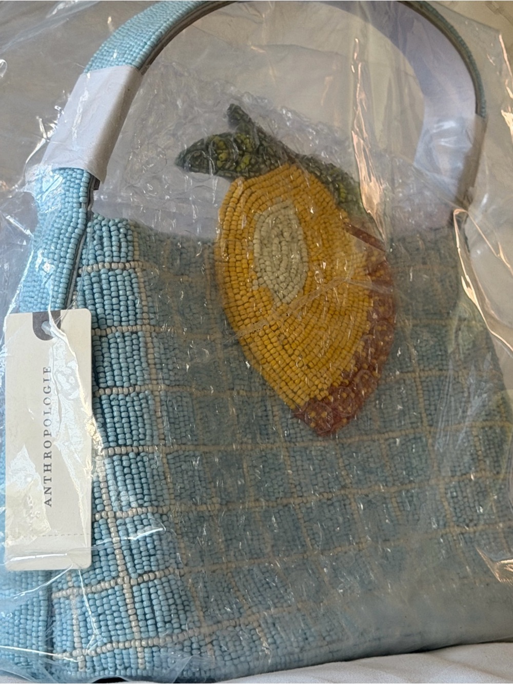 Anthropologie Beaded Blue Shoulder Bag with Lemon Accent and White patchwork - Picture 2 of 9
